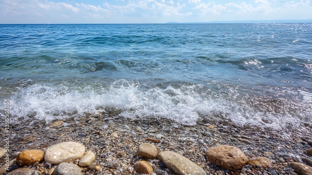 Poster serene view of clear ocean water waves crashing onto a pebble beach under a blue sky : generative ai