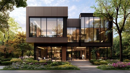 Obraz premium Modern Home Design with Large Glass Windows Surrounded by Lush Green Trees and Gardens