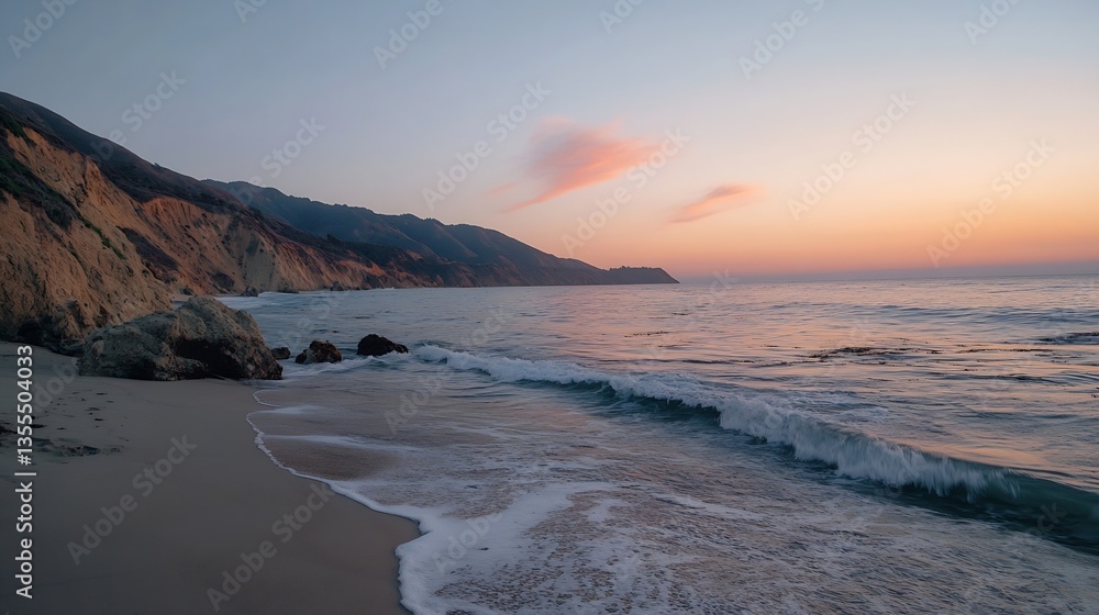 Poster serene oceanfront view at dusk capturing the beauty of waves and coastal landscape : generative ai
