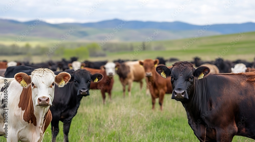 Poster Herd of cows grazing in a lush green field with rolling hills under a cloudy sky : Generative AI