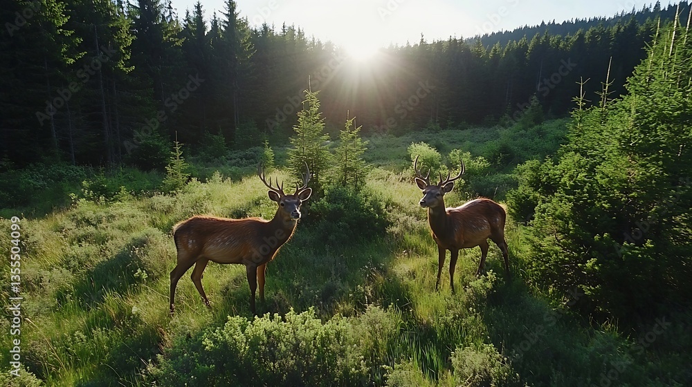 Poster two graceful deer standing in a sunlit forest clearing surrounded by lush greenery : generative ai