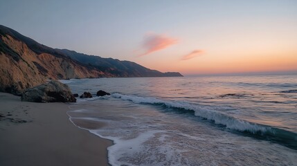 Fototapeta premium Serene Oceanfront View at Dusk Capturing the Beauty of Waves and Coastal Landscape : Generative AI