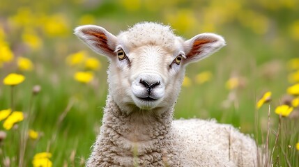 Fototapeta premium Charming portrait of a young sheep in a vibrant field of yellow flowers symbolizing innocence and nature : Generative AI