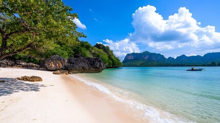 Fototapeta premium Beautiful tranquil beach surrounded by lush greenery and stunning mountains under a bright blue sky : Generative AI