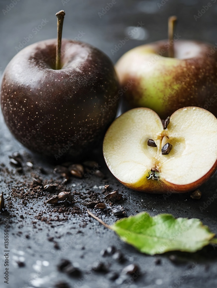 Aufkleber two varieties of crisp apples on a dark surface with one sliced revealing seeds and leaf detail for 