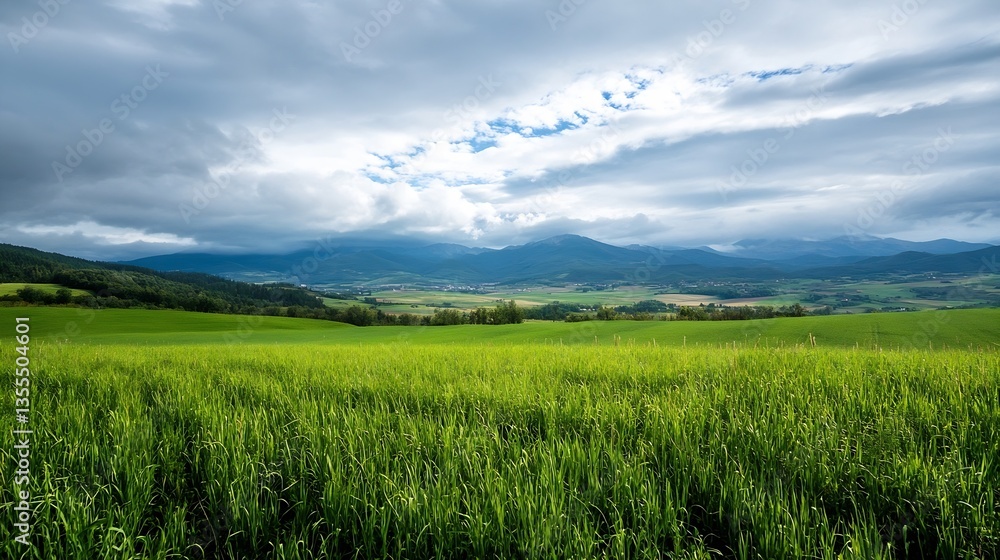 Poster vast green fields under dramatic clouds with mountain range in the distance : generative ai