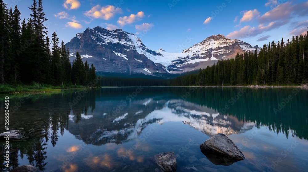 Poster stunning mountain reflection in crystal clear lake surrounded by lush forests at twilight : generati