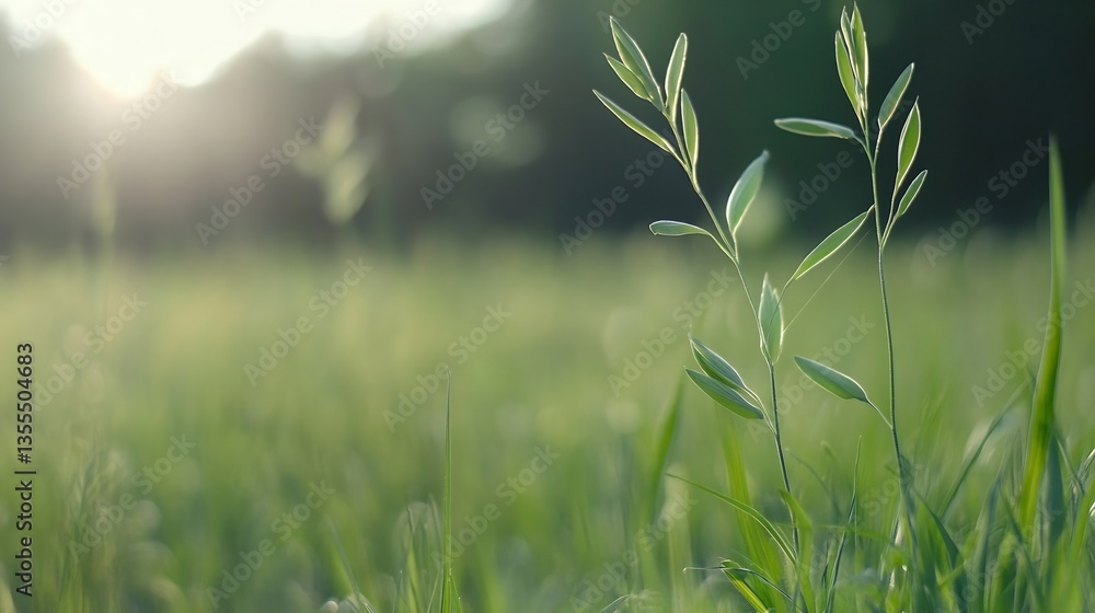 Poster beautiful sunlight illuminating fresh green plants gently swaying in a serene open field during dawn