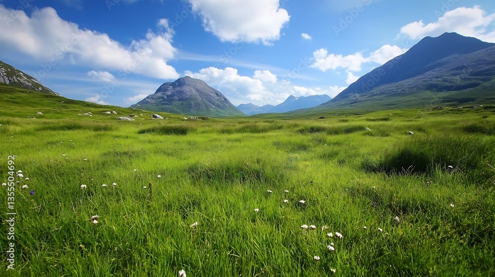 Aufkleber expansive view of vibrant green grassland with distant mountains under a bright blue sky : generativ