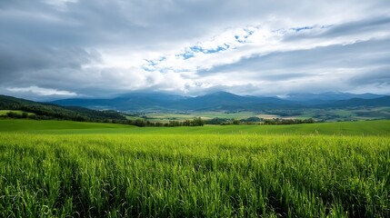 Fototapeta premium Vast green fields under dramatic clouds with mountain range in the distance : Generative AI