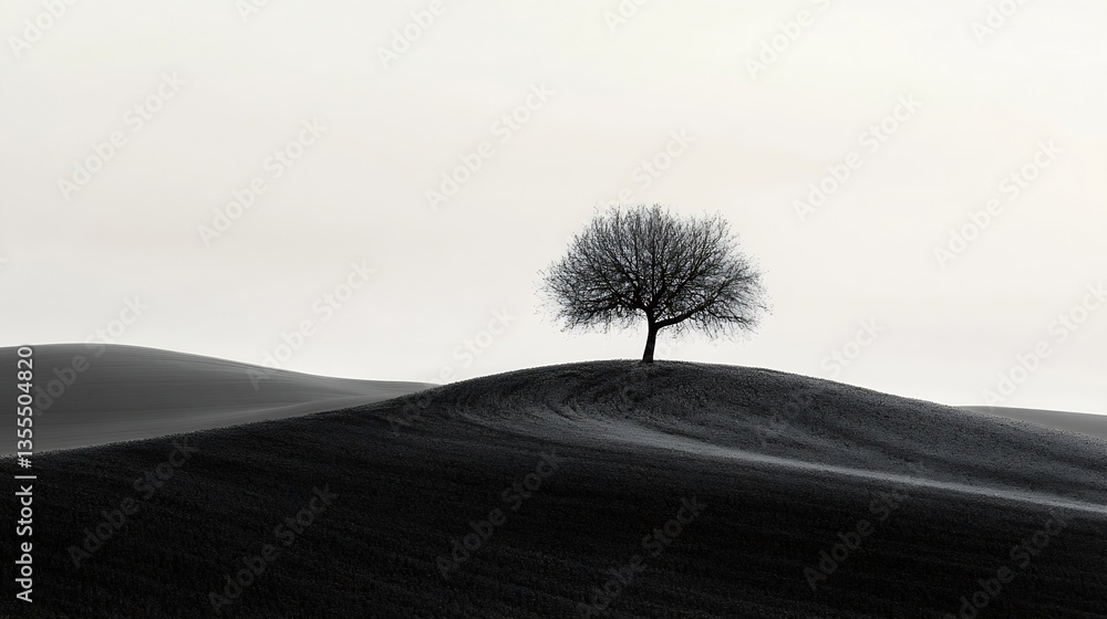 Aufkleber solitary tree on rolling hill captured in monochrome emphasizing simplicity and tranquility : genera