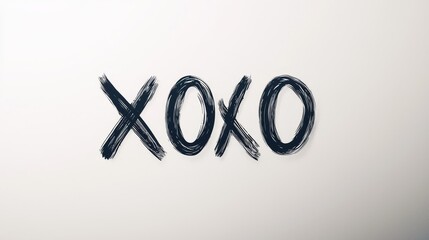 Minimalist design featuring the phrase XOXO hugs and kisses in modern black calligraphy, centered on a white backdrop with soft shadow details