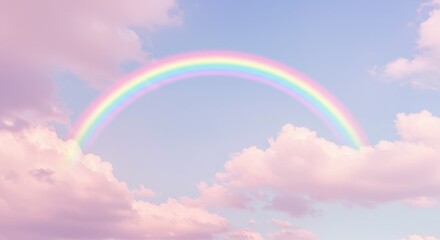 Pastel Rainbow Shining in a Light Blue Sky with Pink Clouds