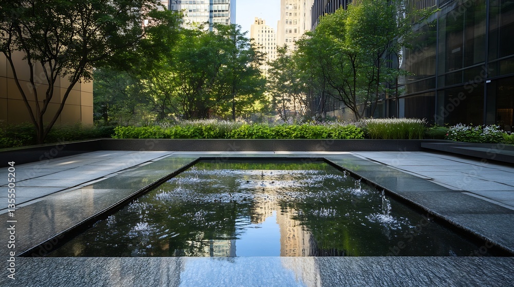 Aufkleber Serene urban garden oasis with a reflective water feature and greenery showcasing modern architecture : Generative AI