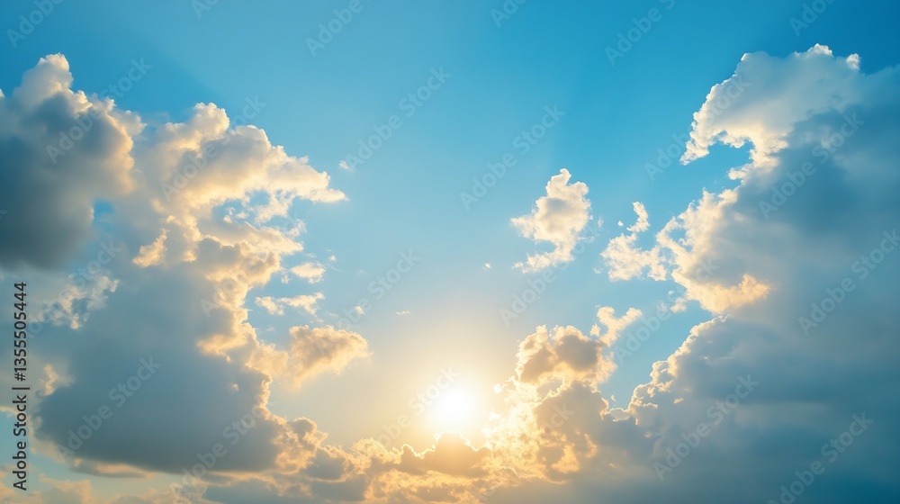 Poster Beautiful sunrise scene with vibrant clouds and rays of sunlight breaking through the sky : Generative AI