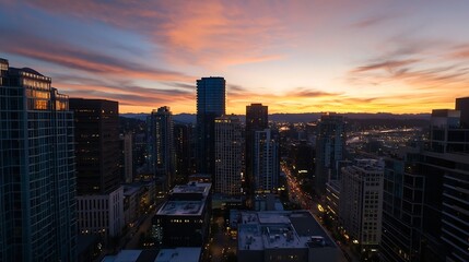 Stunning City Skyline at Sunset with Dramatic Cloud Patterns and Urban Lights Illuminating the Scene : Generative AI