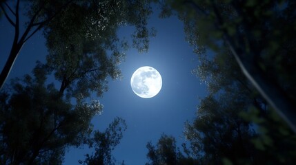 Bright full moon shining through a canopy of trees creating a stunning night sky landscape : Generative AI