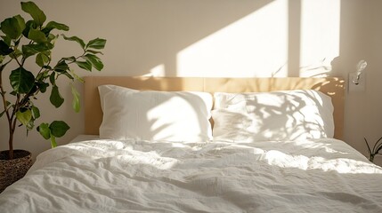 Cozy bedroom with sunlight casting playful shadows over a neatly made bed and a potted plant : Generative AI