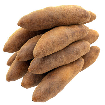Stacked Tamarind Pods, Rich Brown Texture On Transparent or white. Exotic Ingredient For Cuisine, Baking, Desserts. Fresh Pods For Healthy Eating