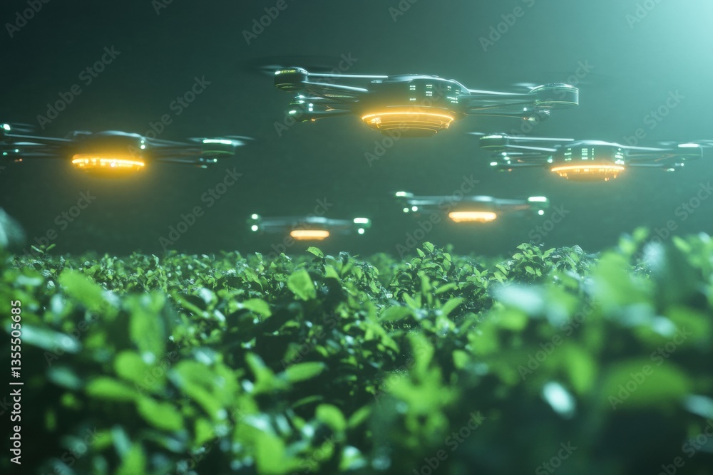 Poster fleet of futuristic drones scans crops in green agricultural field with glowing sensors at dusk for 