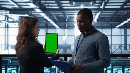 Computer scientists in data center use mockup tablet, inspecting server rigs, updating devices....
