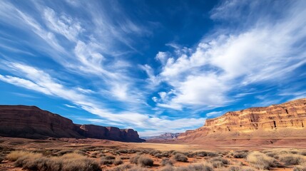 Dramatic canyon landscape with a wide blue sky and rolling clouds : Generative AI