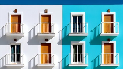 Colorful Building Facade with Balconies and Shutters Under Clear Blue Sky