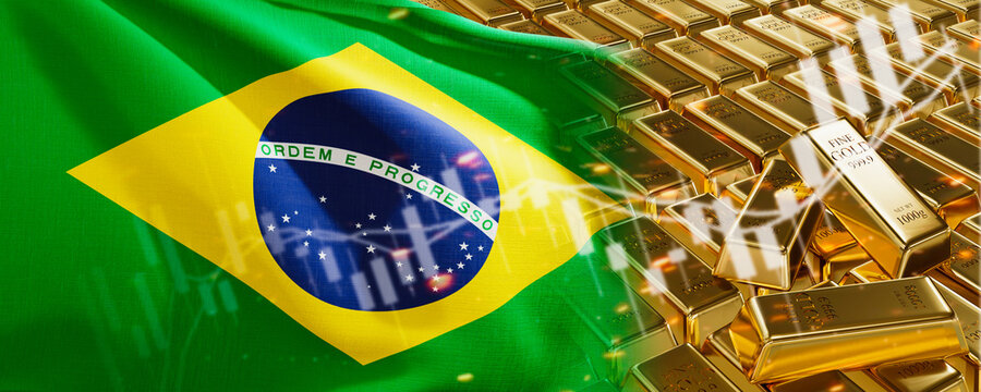 Gold bars with Brazil flag. Chart simply precious metals stocks. National foreign-exchange reserve banking economy system. Golden reserve. 3d image