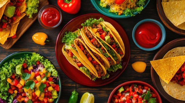 Tacos coloridos con ingredientes frescos y salsas