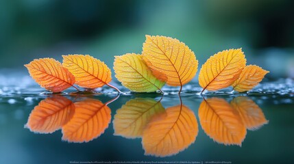 Obraz premium Autumn leaves reflected in water on a blurred background