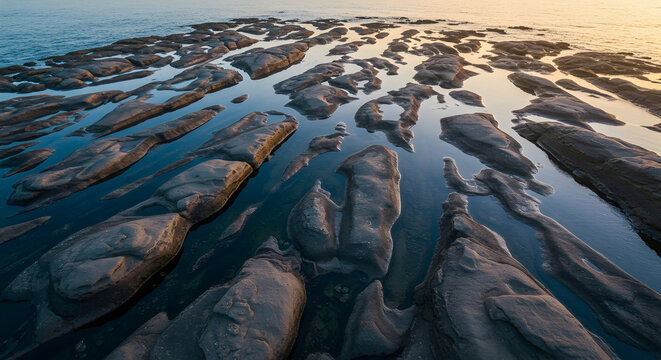 Sculpted coastal rock formations meet the sea at low tide during evening sunset