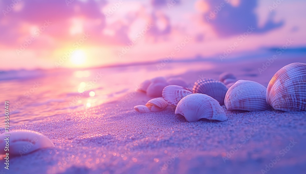 Poster colorful seashells scattered on a sandy beach during sunset with gentle waves lapping in a serene co