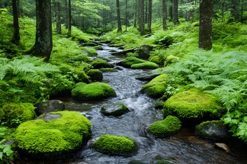 Obraz premium Lush forest stream, mossy rocks, tranquility, nature background; ideal for wellness