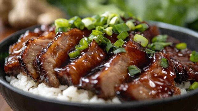 Plato de carne glaseada con arroz y cebolletas