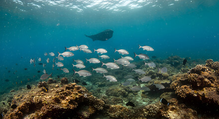 Fototapeta premium School of Fish Swimming Near Coral Reef with Stingray Overhead