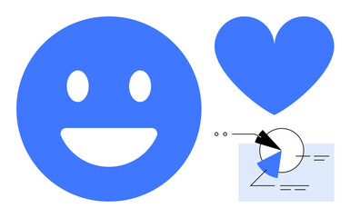 Blue happy face and heart icon next to pie chart and data visualization. Ideal for emotions, analytics, feedback, user experience, data insights, customer satisfaction, flat simple metaphor
