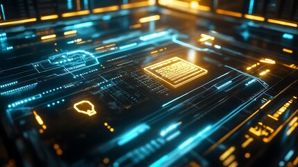 Abstract electronic circuit board with glowing blue and orange elements