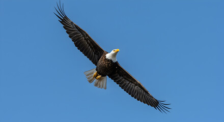 Naklejka premium Eagle Soaring Gracefully Across Clear Blue Sky