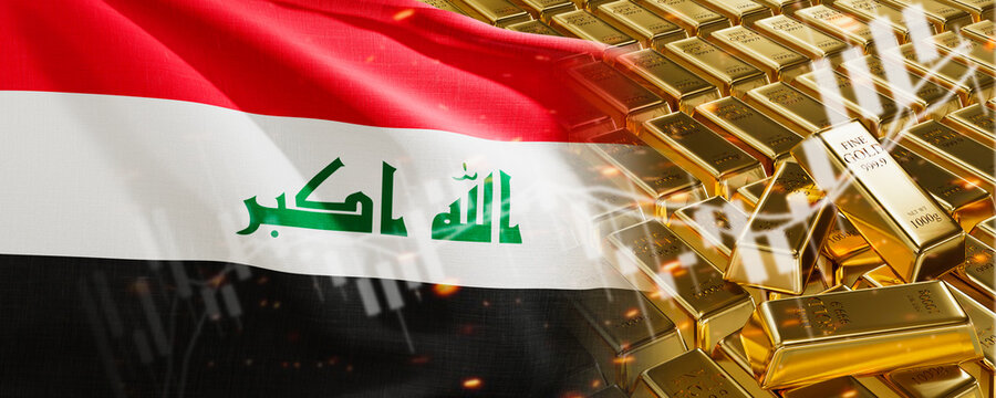 Gold bars with Iraq flag. Chart simply precious metals stocks. National foreign-exchange reserve banking economy system. Golden reserve. 3d image