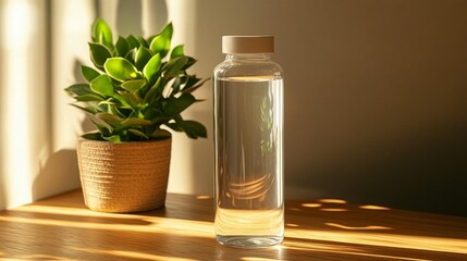 Clear water bottle sits on wooden surface next to small potted plant in sunlight.