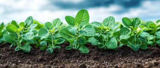 Lush green seedlings emerge from dark soil under a cloudy sky.  New life thrives in fertile ground