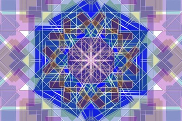 Complex geometric pattern with intersecting lines and shapes in blue, purple, and pastel tones. Symmetrical kaleidoscopic design centers on an octagonal shape, radiating outward with layered squares