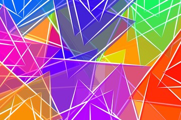 An abstract composition featuring a dynamic array of geometric shapes with sharp angles and varied sizes. The shapes overlap and intertwine, creating a layered effect. Hand drawn colorful background