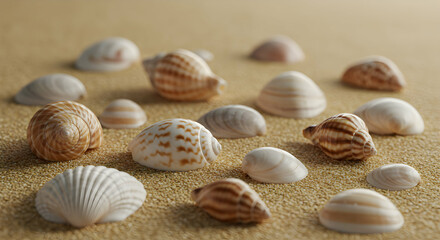 Seashells Scattered on Sand Beach with Neutral Tones and Soft Lighting
