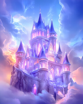 Magical castle above clouds, fantasy illustration