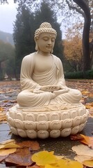 Fototapeta premium Peaceful Buddha Statue in Autumn Garden.