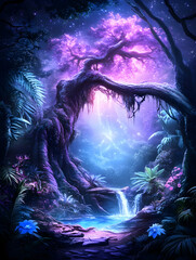 Obraz premium Magical glowing tree, waterfall, night forest, fantasy art, game background