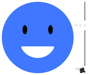 Blue smiling face with black eyes, vertical line, and butterfly silhouette. Ideal for positivity, joy, minimalism, creativity, communication playful themes and abstract concepts. Flat simple