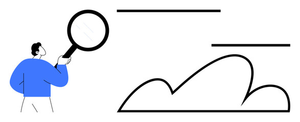 Individual holding magnifying glass explores abstract graph and cloud shapes. Ideal for research, analysis, data exploration, curiosity, innovation, trends, problem-solving. Flat simple metaphor