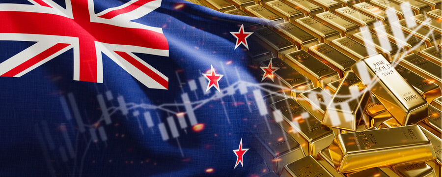 Gold bars with New Zealand flag. Chart simply precious metals stocks. National foreign-exchange reserve banking economy system. Golden reserve. 3d image